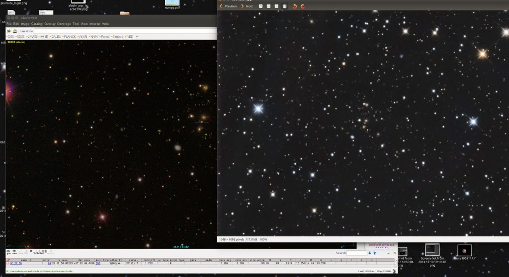 Abell 2584. Rechts meine Aufnahme, links SDSS-Aufnahme in Aladin. Position des Quasars gekennzeichnet. Daten zu diesem Objekt in der Zeile unterhalb des Bildfensters. Rotverschiebung z=1.253